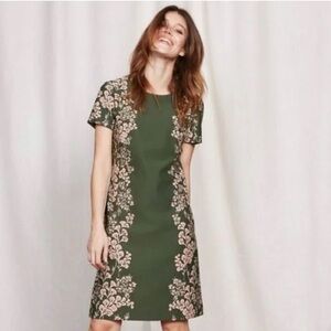 Boden Khaki Pink Print Green Sheath Dress Short Sleeve Crew Neck